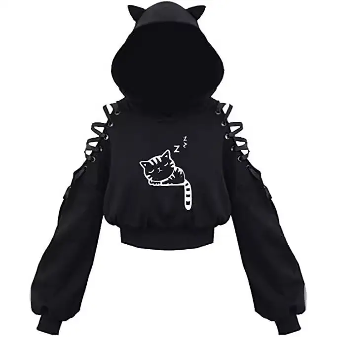 Black Cat Print Hooded Sweatshirt with Exposed Sleeves - Image 14