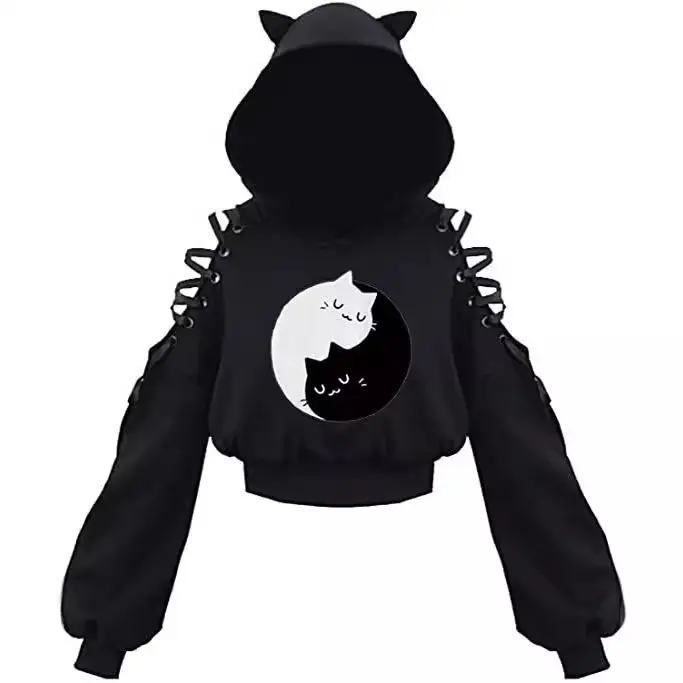 Black Cat Print Hooded Sweatshirt with Exposed Sleeves - Image 15