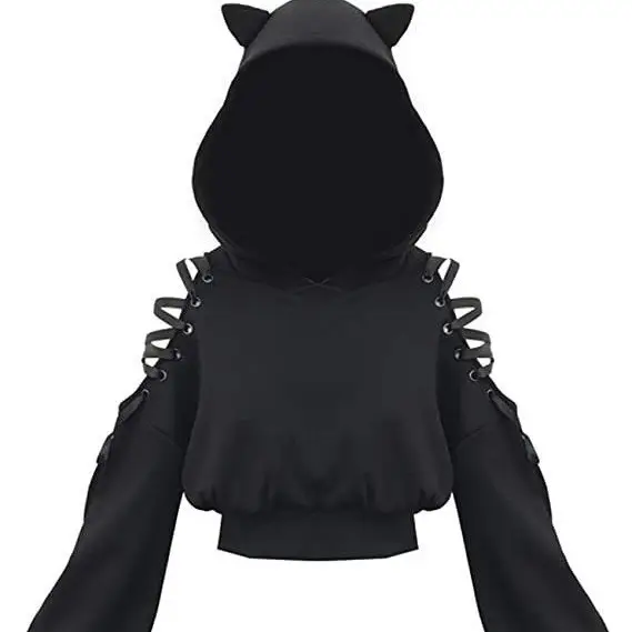 Black Cat Print Hooded Sweatshirt with Exposed Sleeves - Image 16