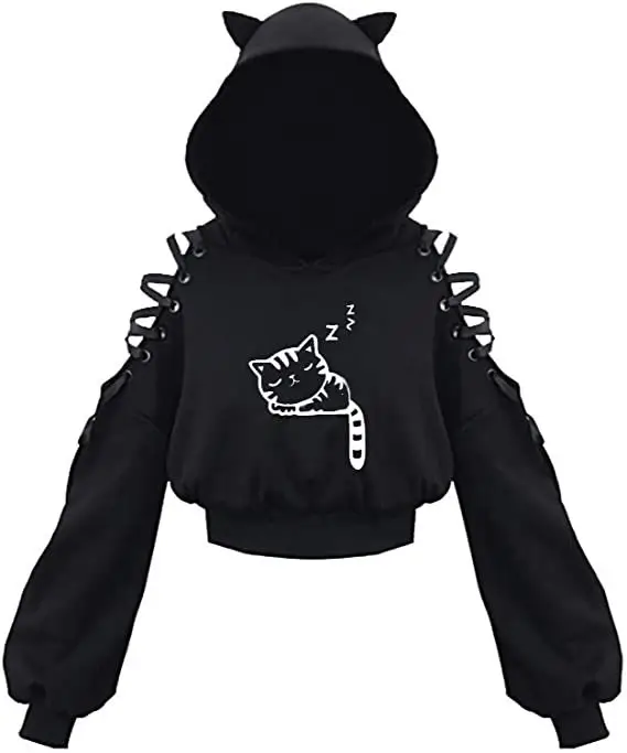 Black Cat Print Hooded Sweatshirt with Exposed Sleeves — feature 10