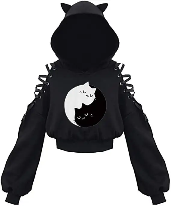 Black Cat Print Hooded Sweatshirt with Exposed Sleeves — feature 11