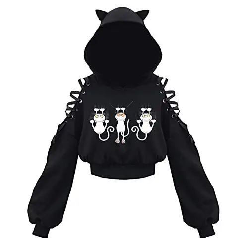 Black Cat Print Hooded Sweatshirt with Exposed Sleeves — feature 13