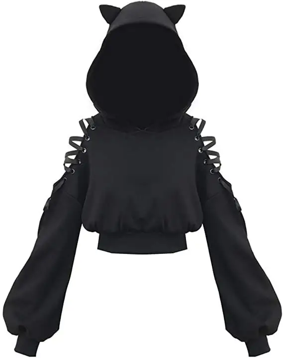 Black Cat Print Hooded Sweatshirt with Exposed Sleeves — feature 8