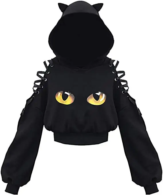 Black Cat Print Hooded Sweatshirt with Exposed Sleeves — feature 9
