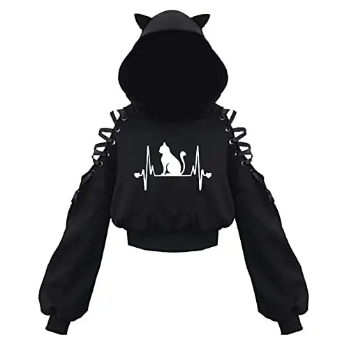 Black Cat Print Hooded Sweatshirt with Exposed Sleeves - Image 11