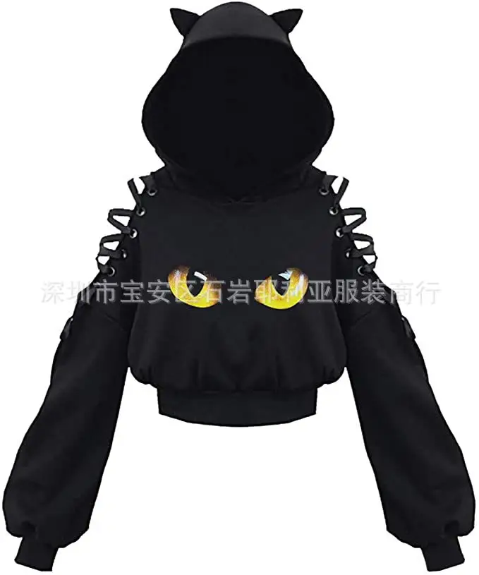 Black Cat Print Hooded Sweatshirt with Exposed Sleeves - Image 2