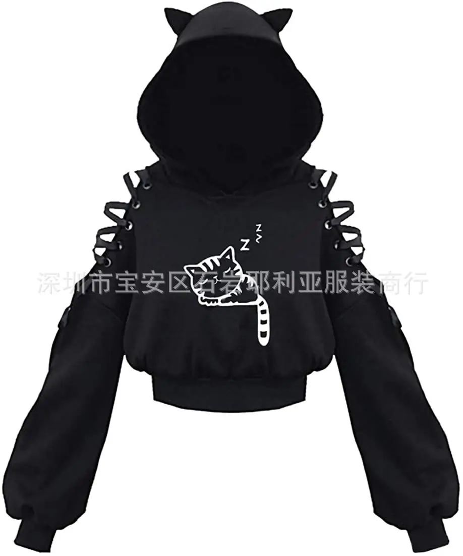 Black Cat Print Hooded Sweatshirt with Exposed Sleeves - Image 3