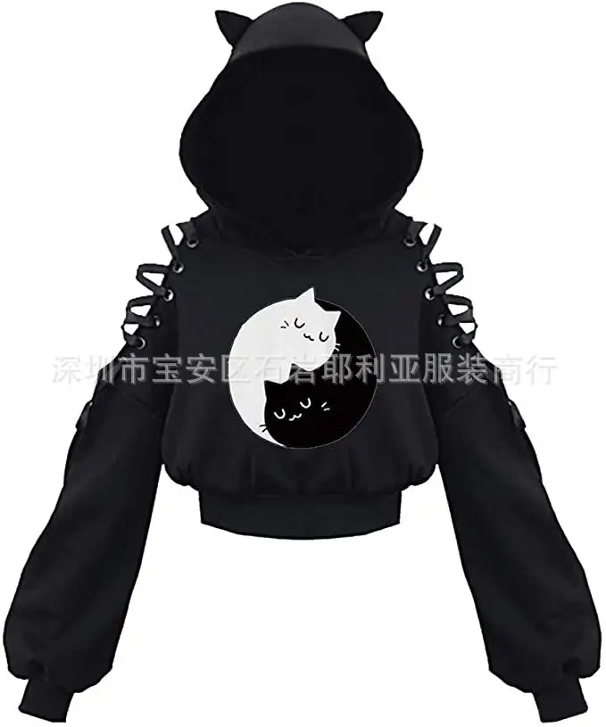 Black Cat Print Hooded Sweatshirt with Exposed Sleeves - Image 4
