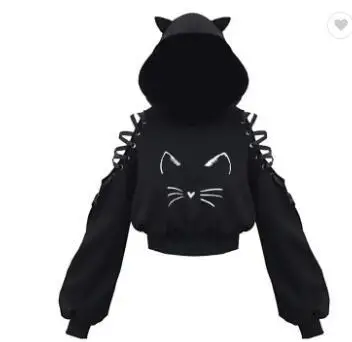 Black Cat Print Hooded Sweatshirt with Exposed Sleeves - Image 5