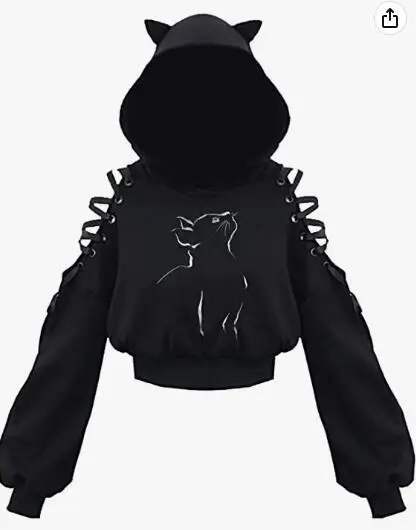 Black Cat Print Hooded Sweatshirt with Exposed Sleeves - Image 6