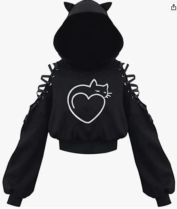 Black Cat Print Hooded Sweatshirt with Exposed Sleeves - Image 7