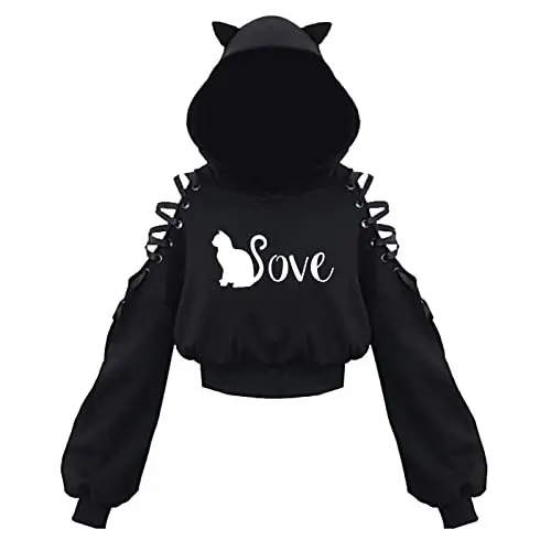 Black Cat Print Hooded Sweatshirt with Exposed Sleeves - Image 8