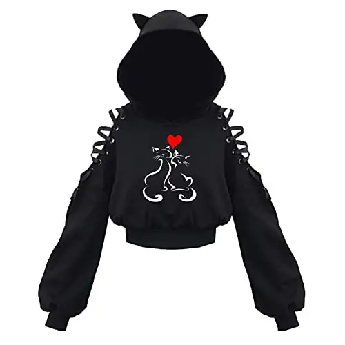 Black Cat Print Hooded Sweatshirt with Exposed Sleeves - Image 9