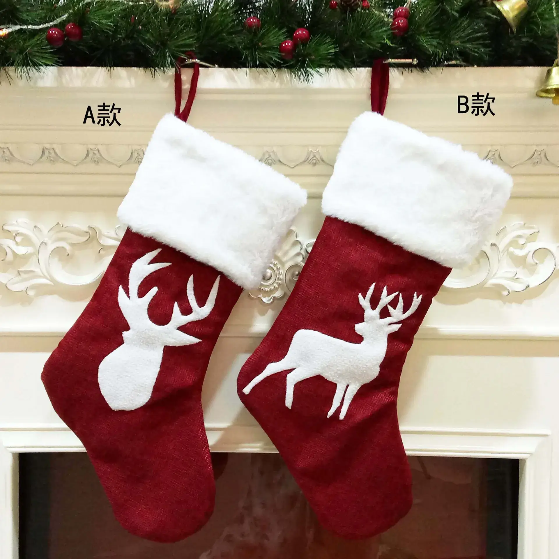 2024 Red Linen Cross-Border Christmas Socks with Elk Embroidery