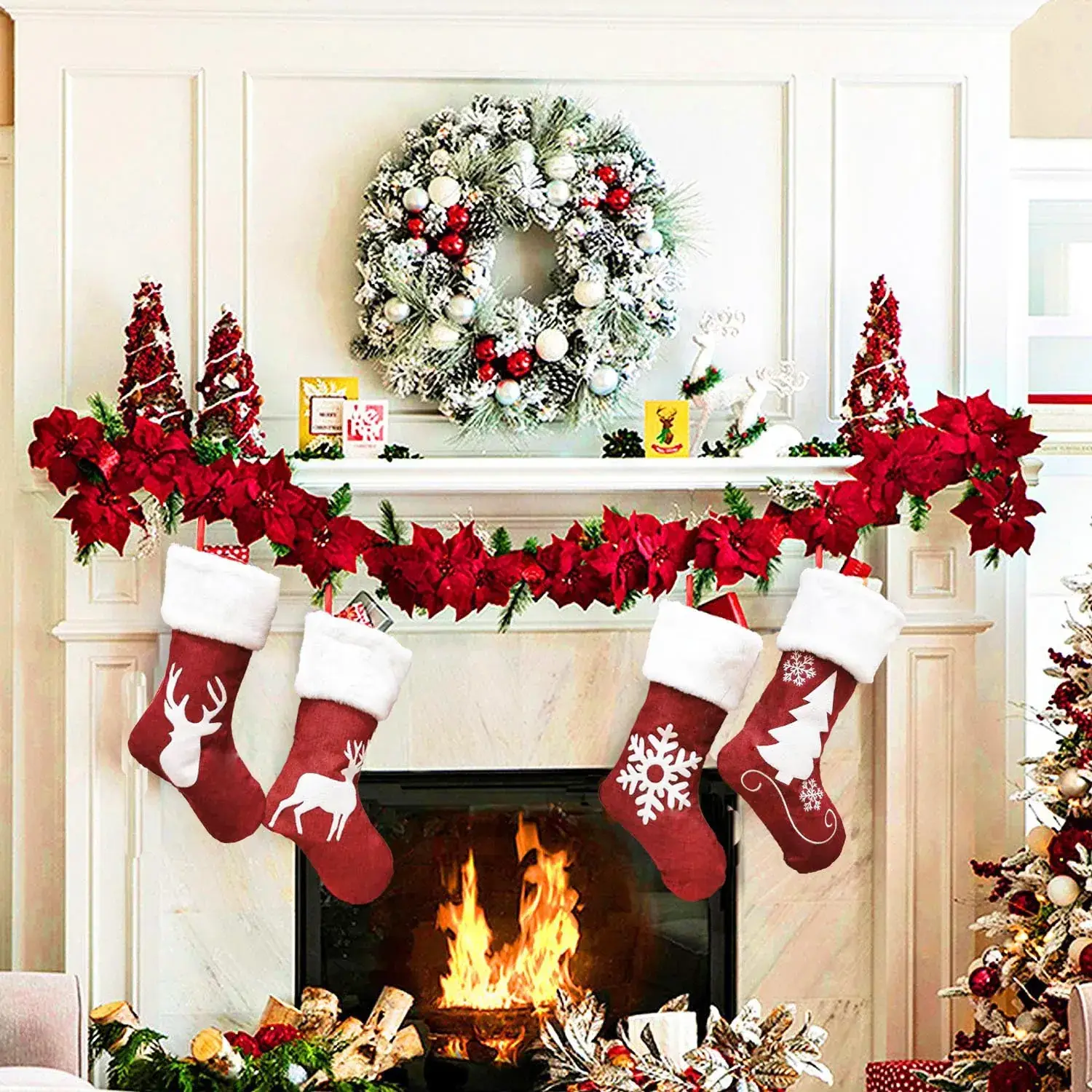 2024 Red Linen Cross-Border Christmas Socks with Elk Embroidery