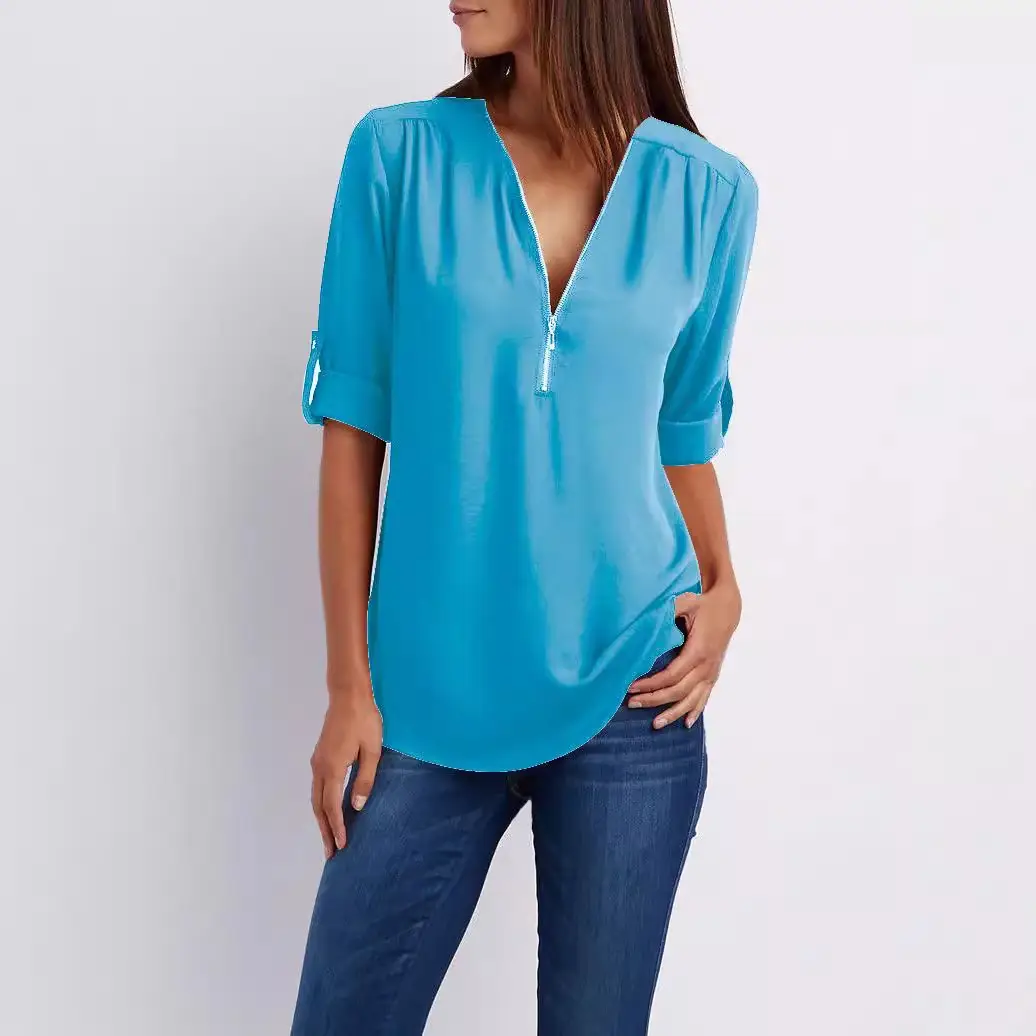 Maroon Zipper V Neck Chiffon Top with Sleeve Sleeves - Image 19