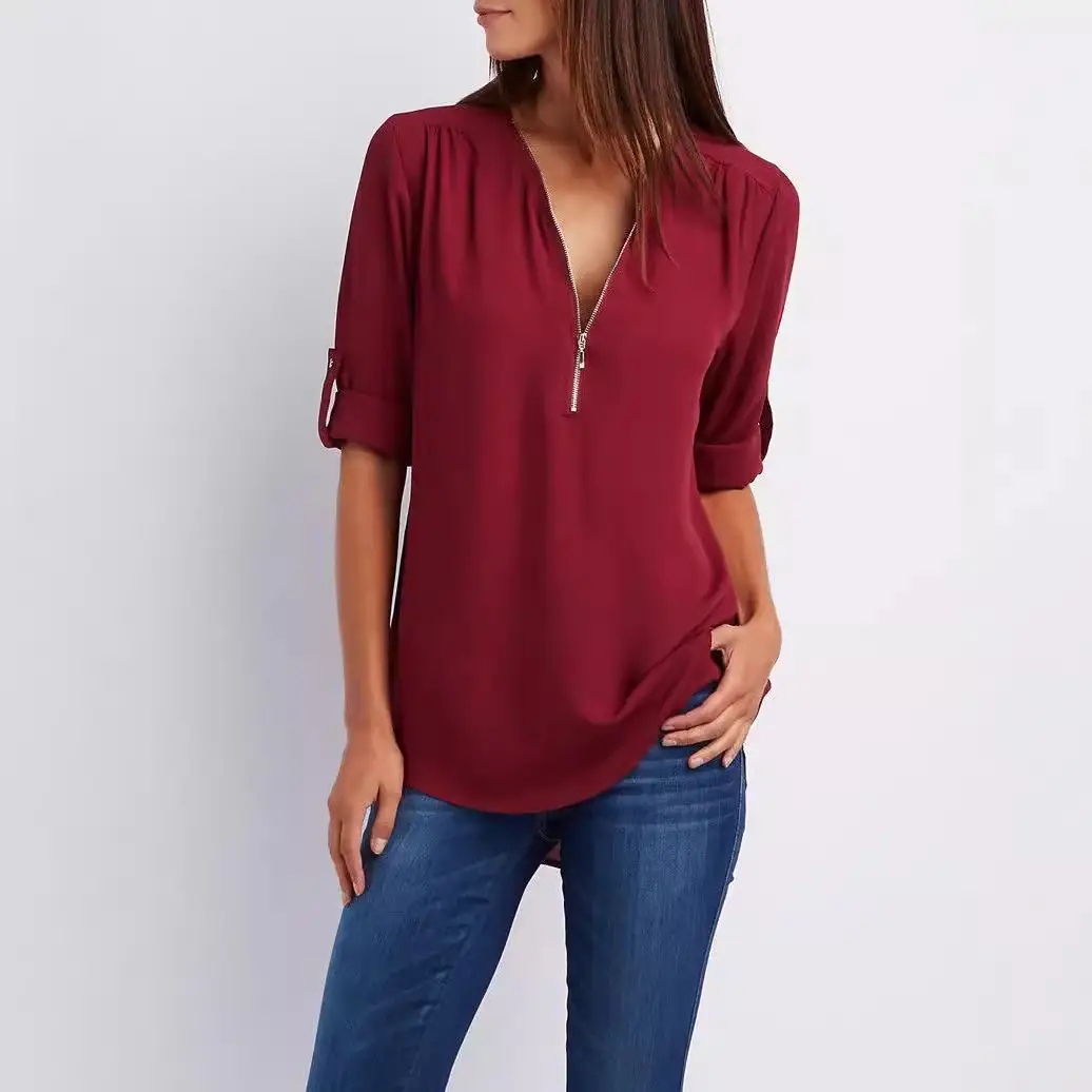 Maroon Zipper V Neck Chiffon Top with Sleeve Sleeves - Image 21