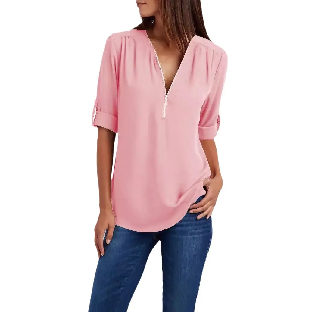 Maroon Zipper V Neck Chiffon Top with Sleeve Sleeves - Image 22