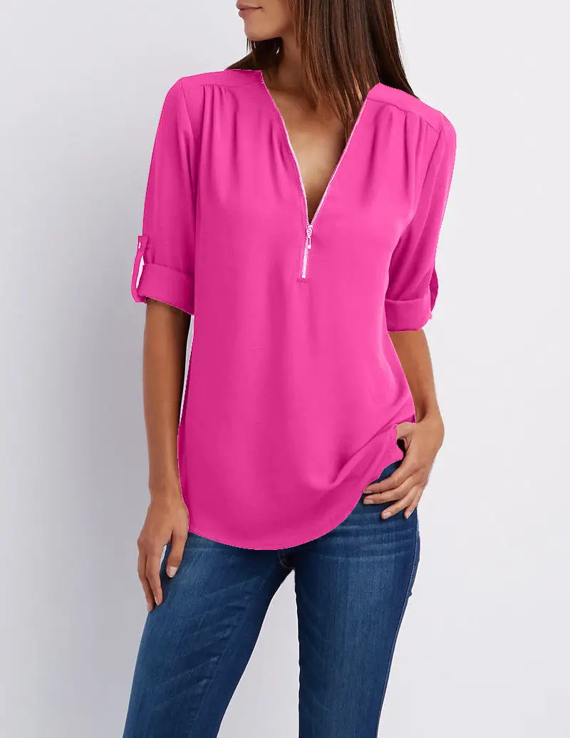 Maroon Zipper V Neck Chiffon Top with Sleeve Sleeves - Image 10