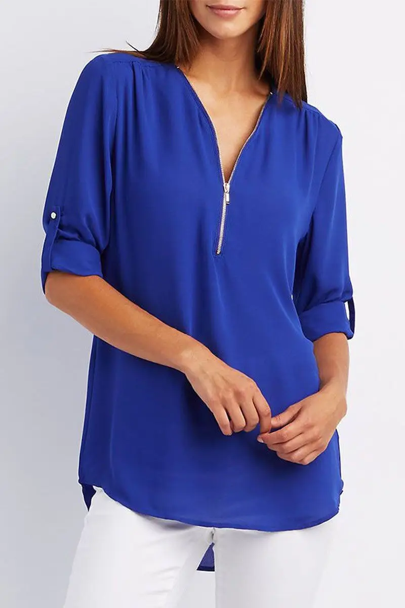 Maroon Zipper V Neck Chiffon Top with Sleeve Sleeves - Image 11