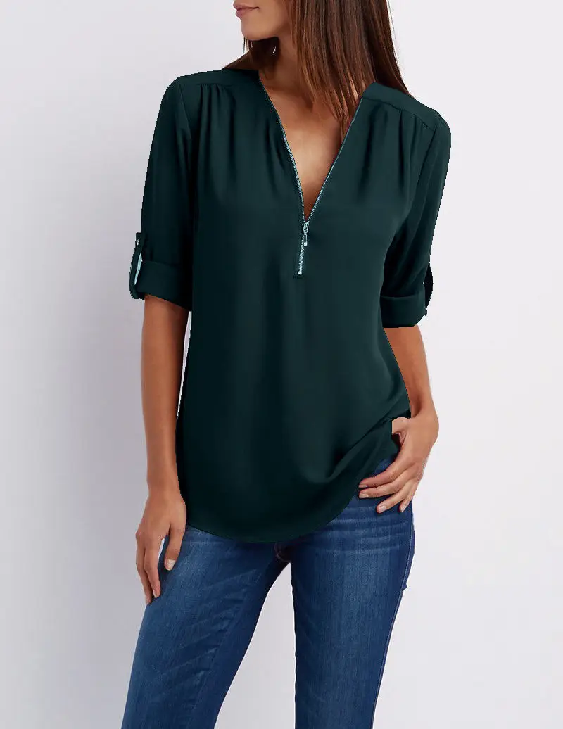 Maroon Zipper V Neck Chiffon Top with Sleeve Sleeves - Image 12