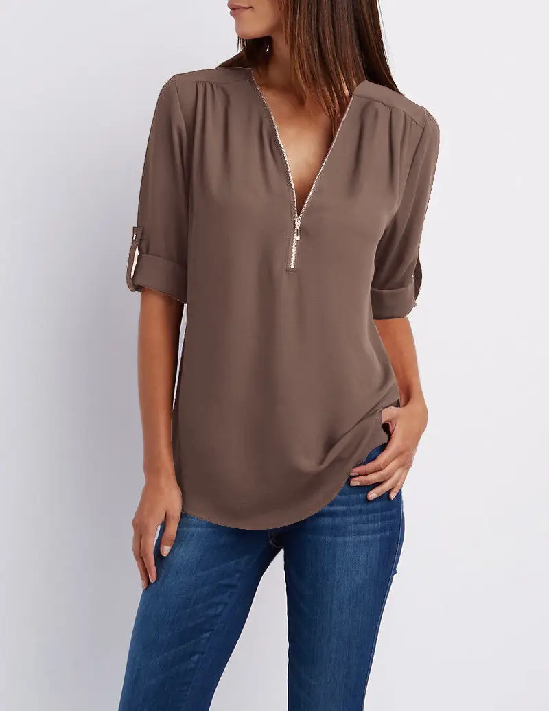 Maroon Zipper V Neck Chiffon Top with Sleeve Sleeves - Image 13