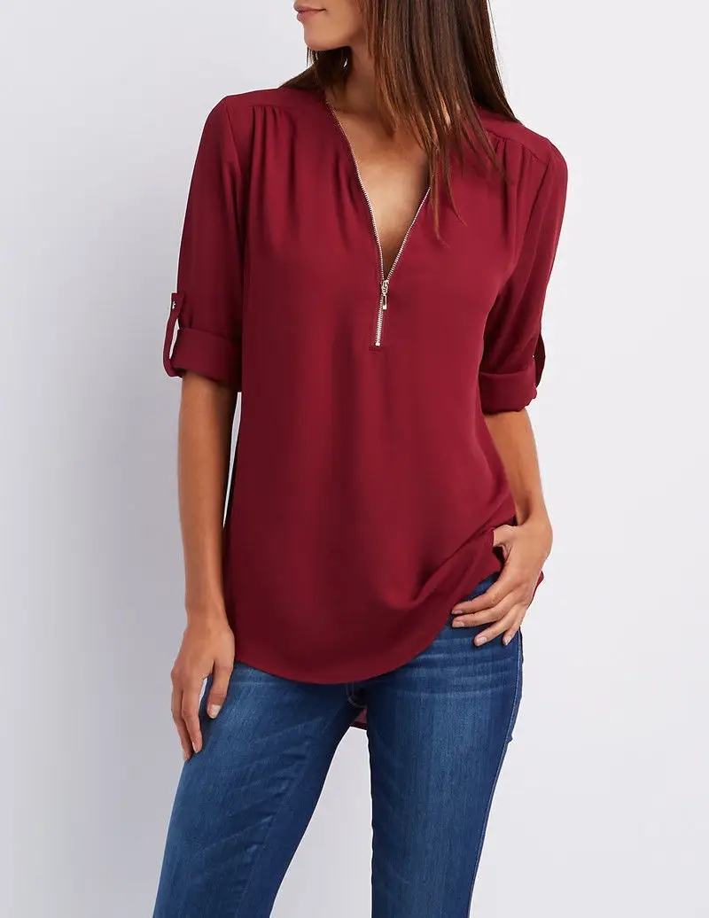 Maroon Zipper V Neck Chiffon Top with Sleeve Sleeves - Image 15