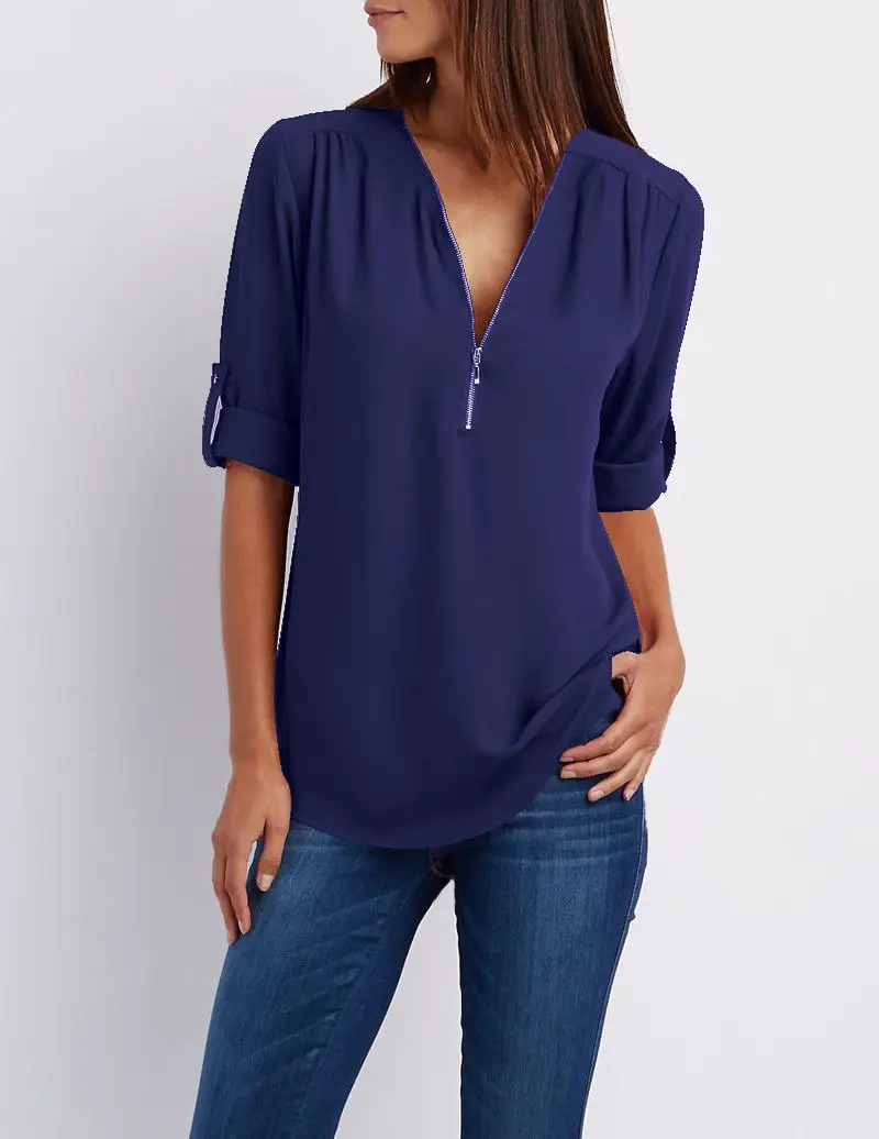Maroon Zipper V Neck Chiffon Top with Sleeve Sleeves - Image 16