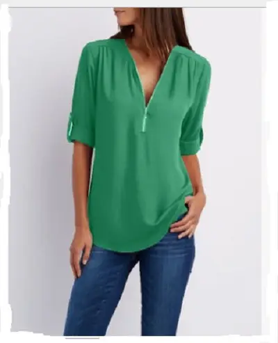Maroon Zipper V Neck Chiffon Top with Sleeve Sleeves - Image 17