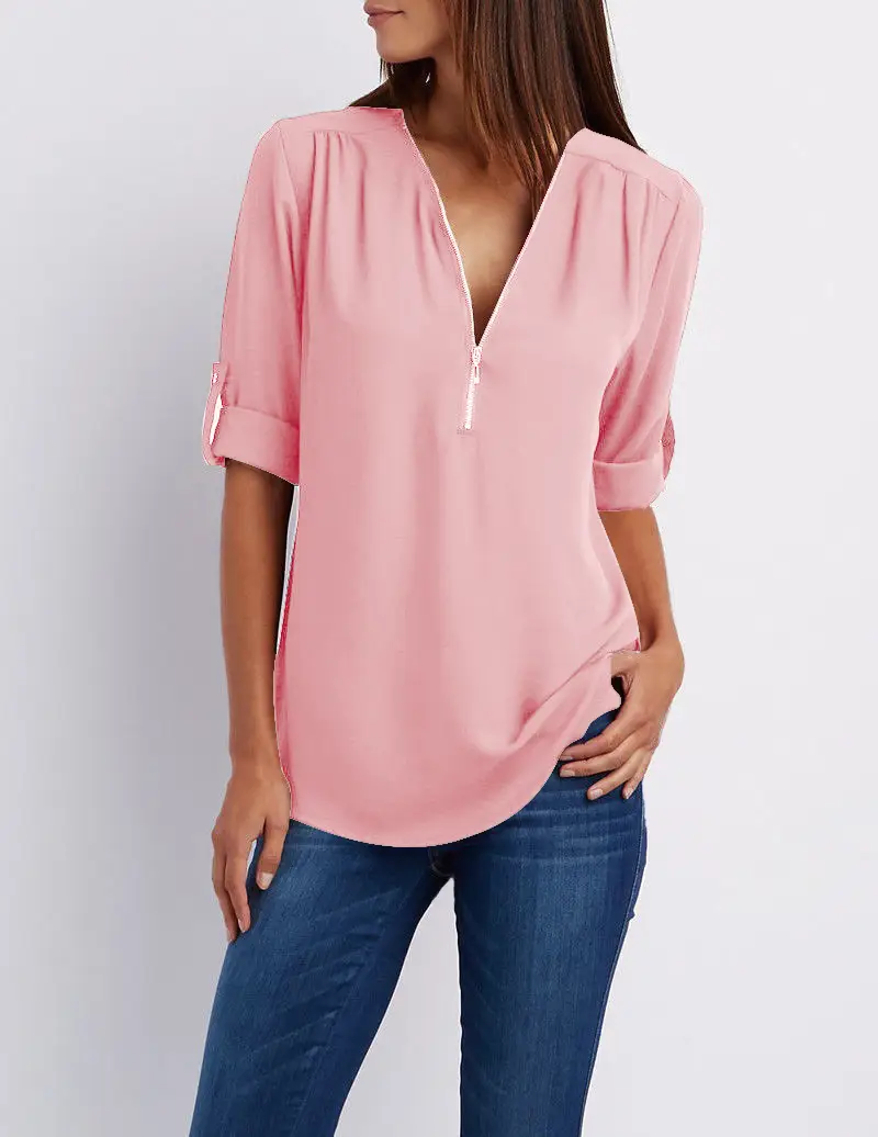 Maroon Zipper V Neck Chiffon Top with Sleeve Sleeves - Image 2