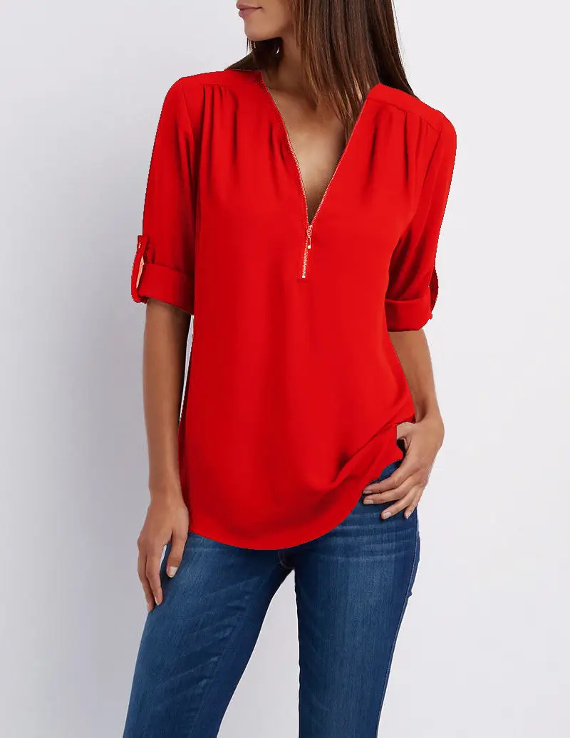 Maroon Zipper V Neck Chiffon Top with Sleeve Sleeves - Image 3