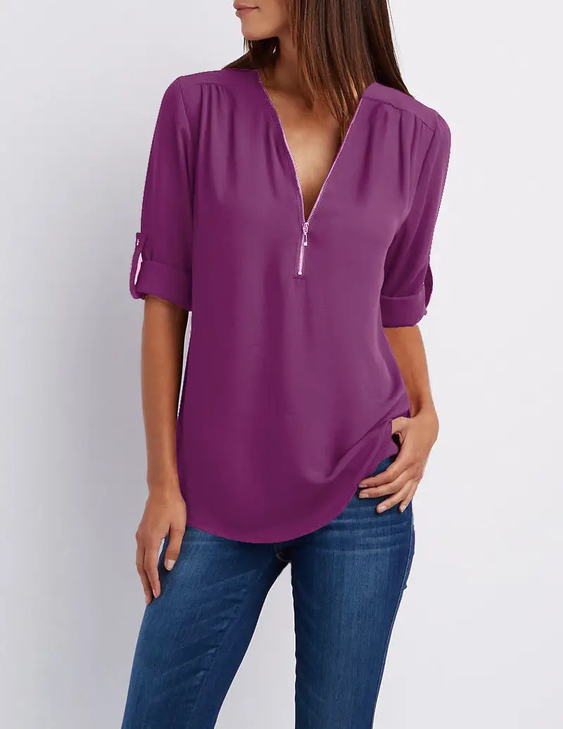 Maroon Zipper V Neck Chiffon Top with Sleeve Sleeves - Image 4