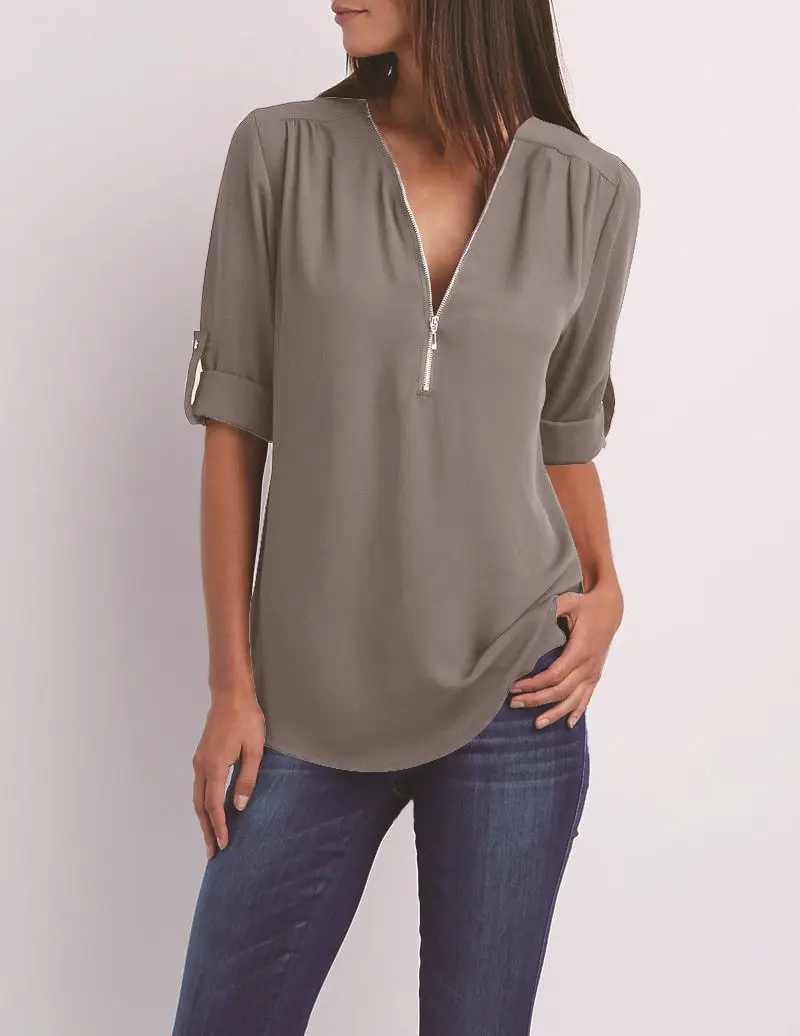 Maroon Zipper V Neck Chiffon Top with Sleeve Sleeves - Image 5