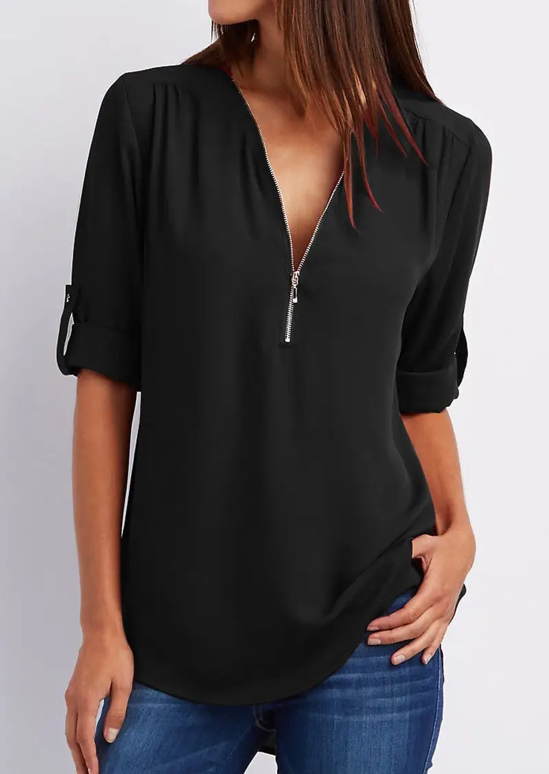 Maroon Zipper V Neck Chiffon Top with Sleeve Sleeves - Image 6