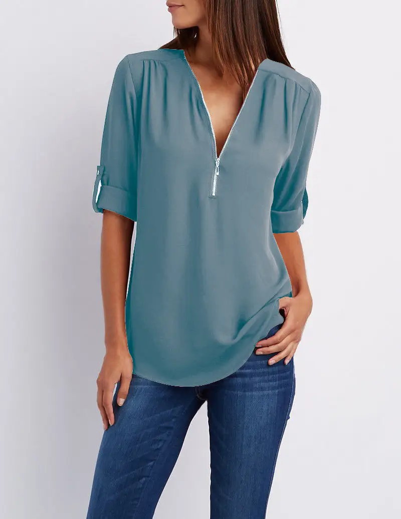 Maroon Zipper V Neck Chiffon Top with Sleeve Sleeves - Image 7
