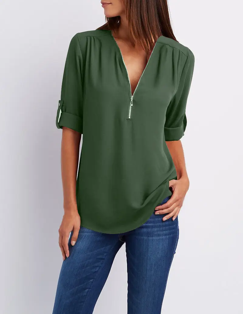 Maroon Zipper V Neck Chiffon Top with Sleeve Sleeves - Image 8