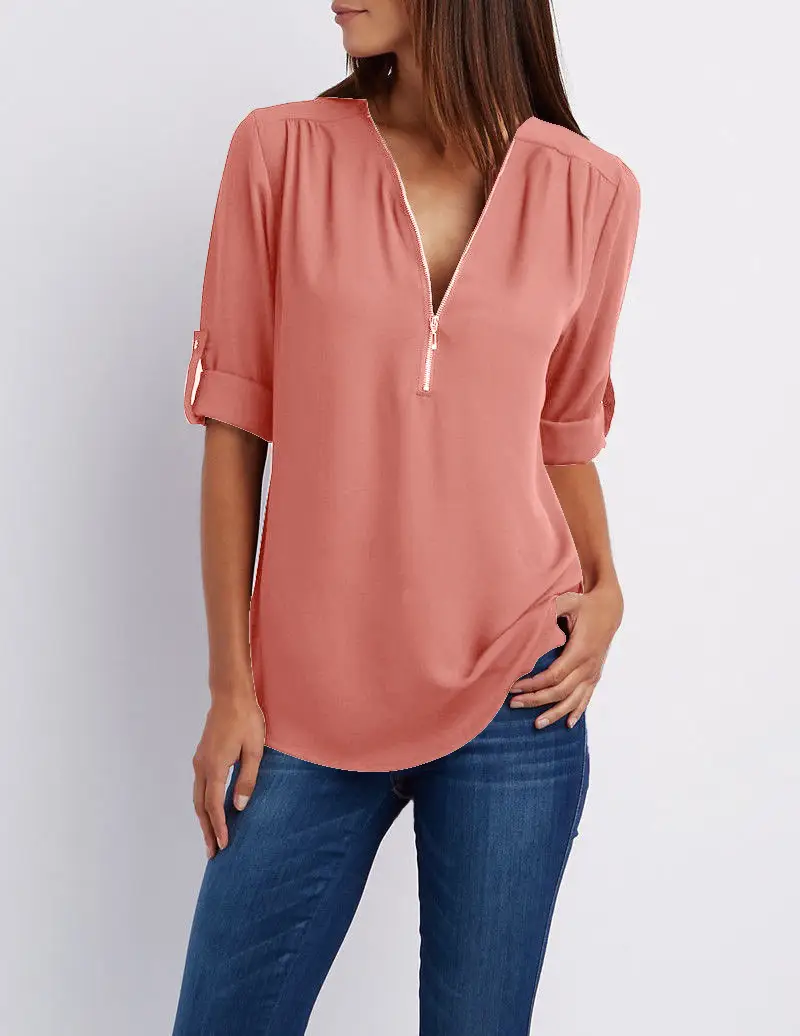 Maroon Zipper V Neck Chiffon Top with Sleeve Sleeves - Image 9