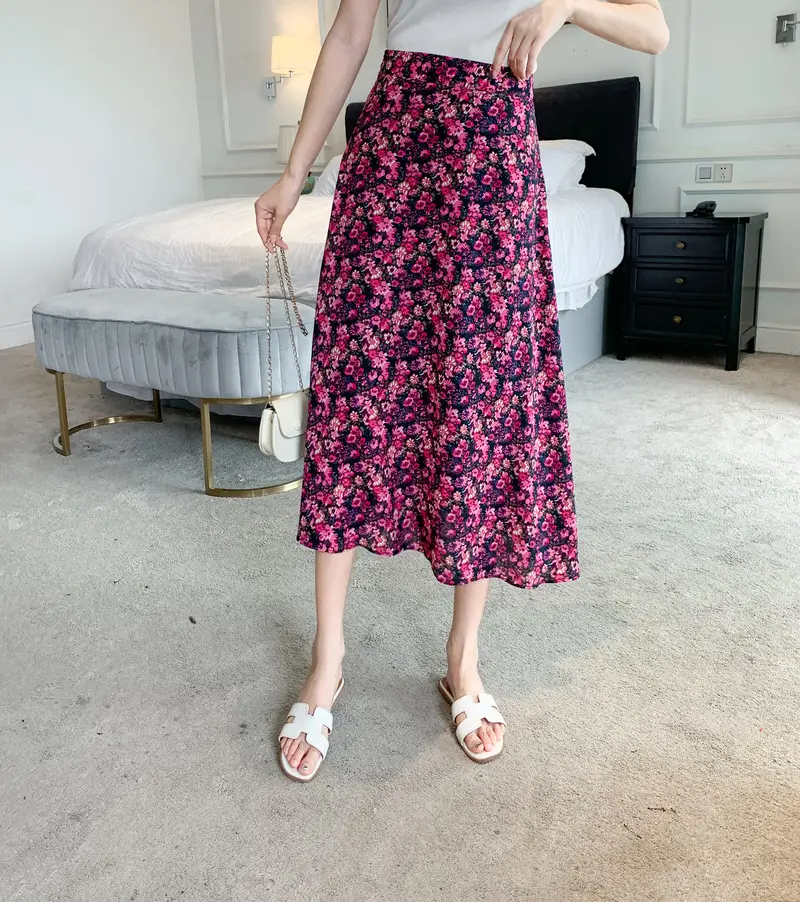 Floral Chiffon Dape Skirt Mid Length Summer Women — feature 10