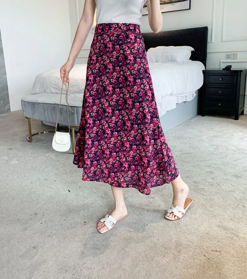Floral Chiffon Dape Skirt Mid Length Summer Women — feature 11