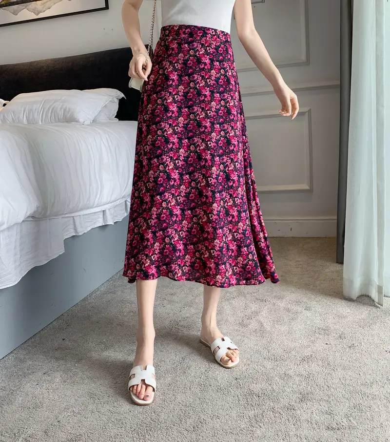 Floral Chiffon Dape Skirt Mid Length Summer Women — feature 14