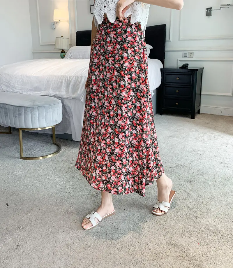 Floral Chiffon Dape Skirt Mid Length Summer Women — feature 15