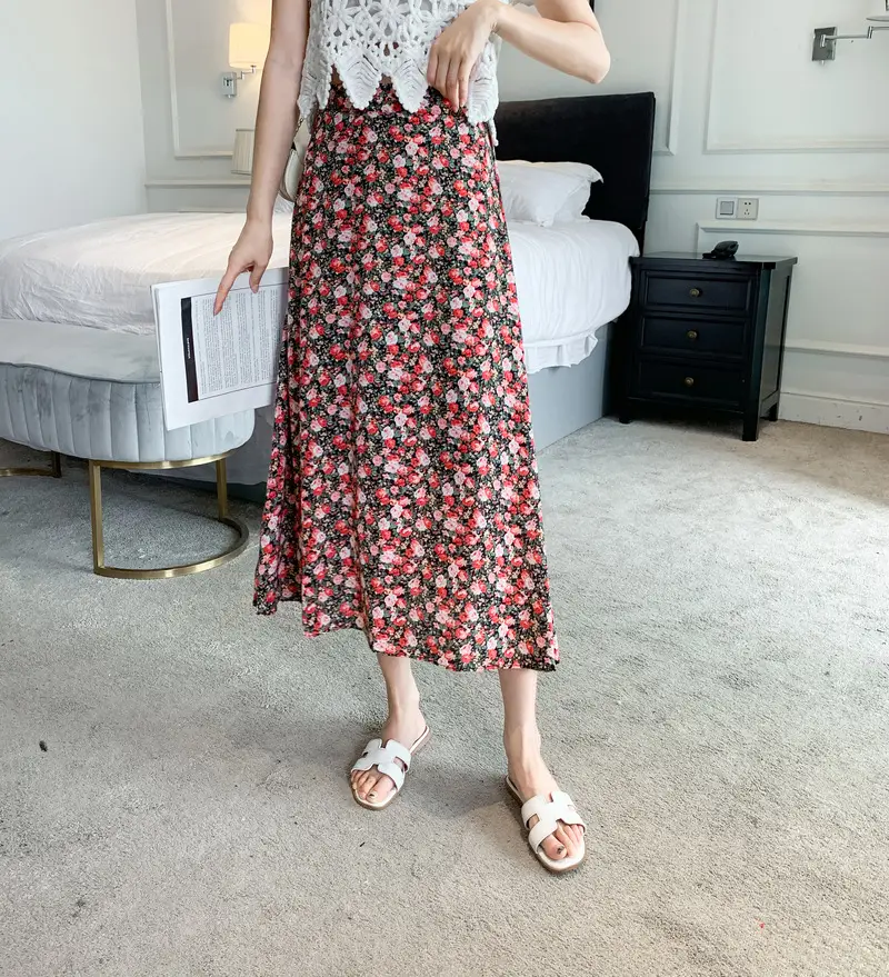 Floral Chiffon Dape Skirt Mid Length Summer Women — feature 16