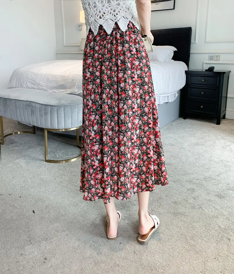 Floral Chiffon Dape Skirt Mid Length Summer Women — feature 17