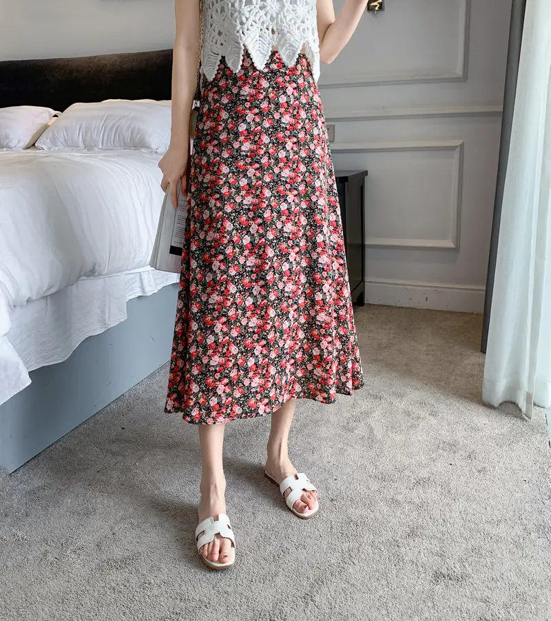 Floral Chiffon Dape Skirt Mid Length Summer Women — feature 20