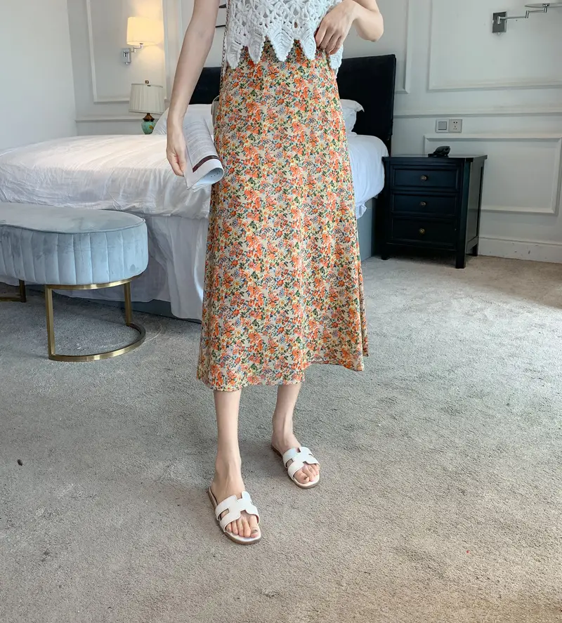 Floral Chiffon Dape Skirt Mid Length Summer Women — feature 21