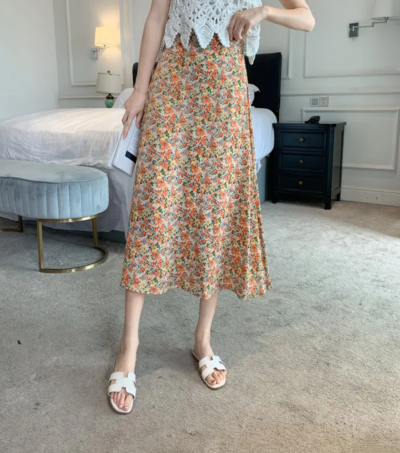 Floral Chiffon Dape Skirt Mid Length Summer Women — feature 22