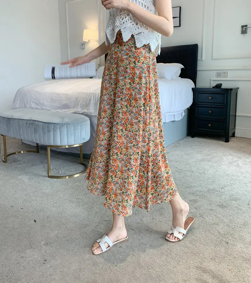 Floral Chiffon Dape Skirt Mid Length Summer Women — feature 23