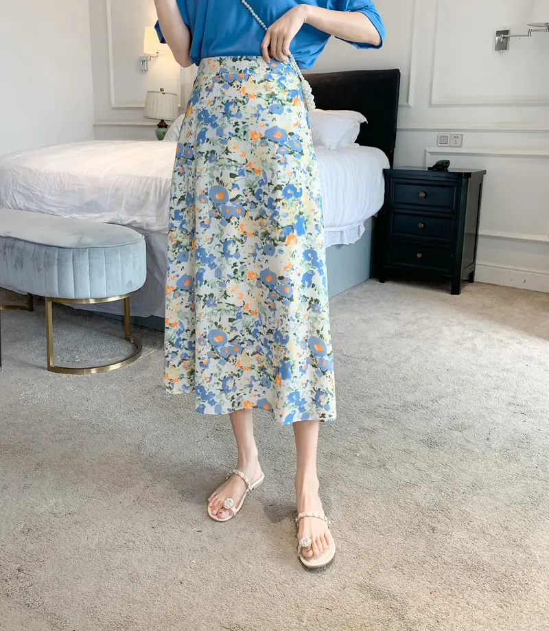 Floral Chiffon Dape Skirt Mid Length Summer Women — feature 26