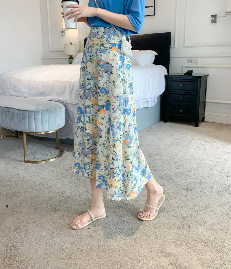 Floral Chiffon Dape Skirt Mid Length Summer Women — feature 27