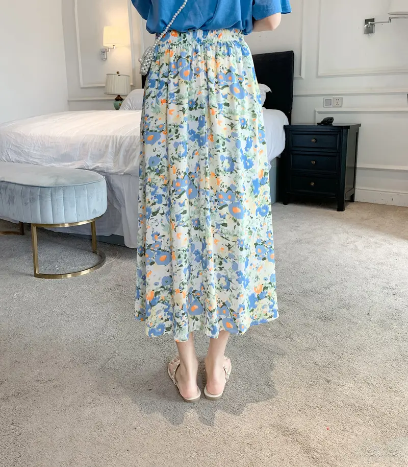 Floral Chiffon Dape Skirt Mid Length Summer Women — feature 28